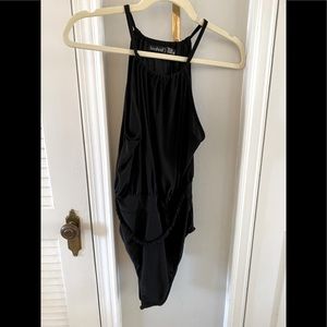 BooHoo black bodysuit; SZ 10; with faux belt at wait.